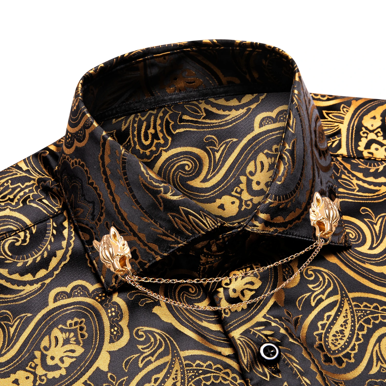 

Hi-Tie шелковая мужская рубашка черного и золотого цвета с длинным рукавом, приталенная рубашка с брошка на лацканы Пейсли для мужчин, деловая, свадебная, Подарочная, дизайнерская