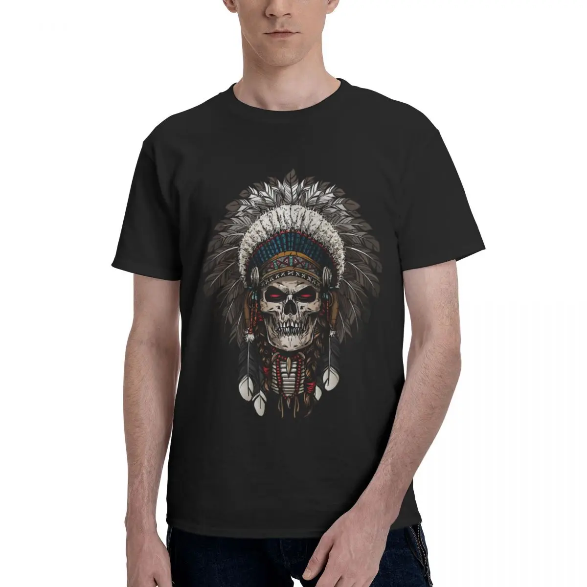 

Warrior Of Indian Skull Printed T Shirt hand drawn vintage tattoo Fashion Crewneck T Shirts Casual for Male Plus Size Tees