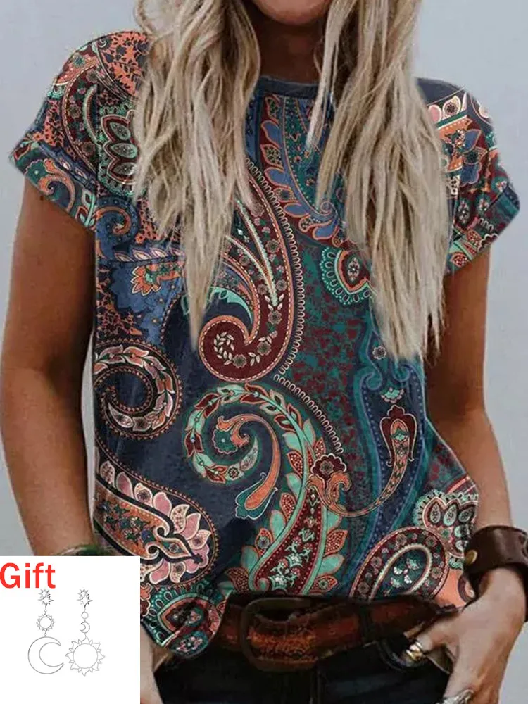 

Summer T-shirts Ethnic Print Tops Paisley O-Neck Short Sleeve Blouse Fashion Casual O-Neck Camisetas Gift Pair Of Earrings