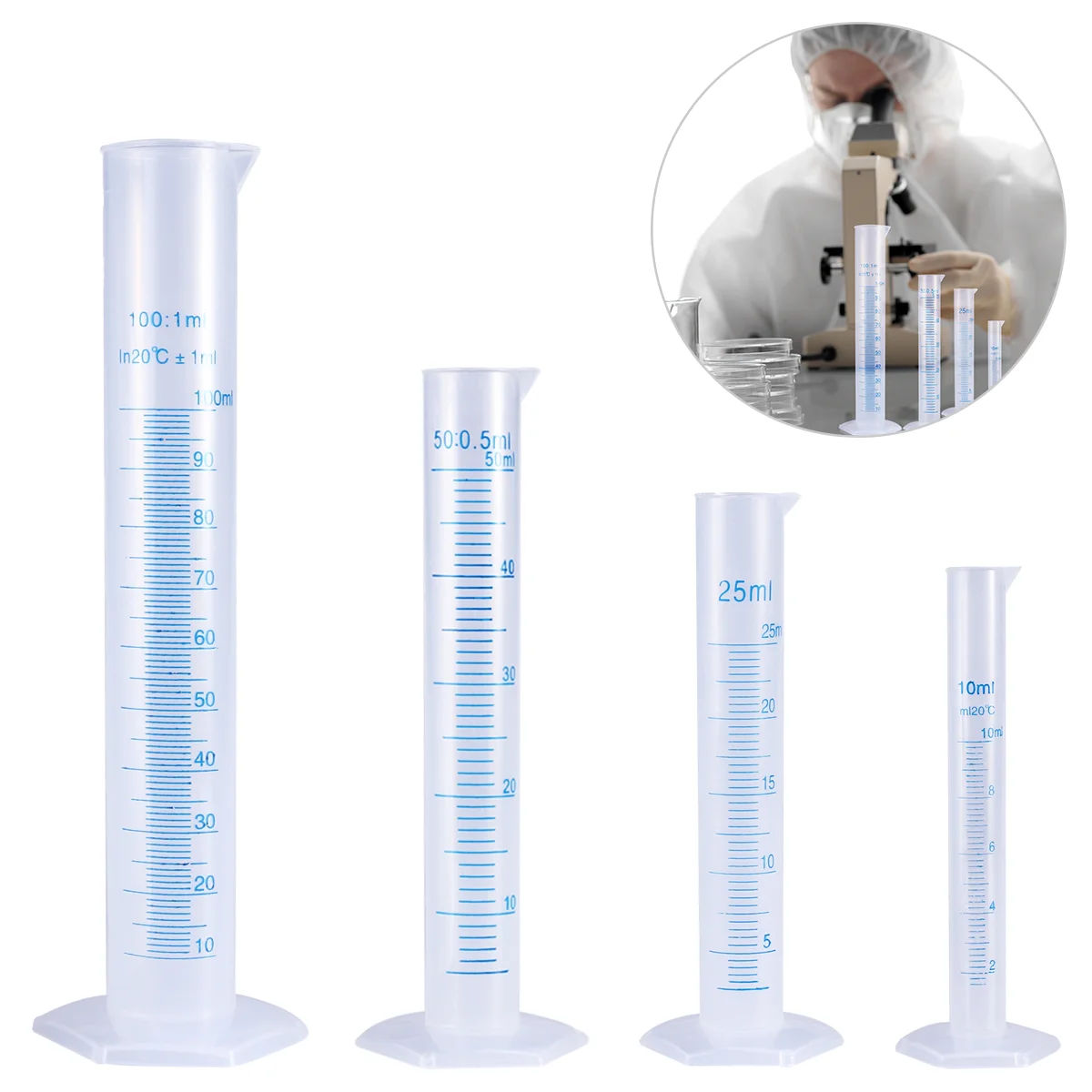 

UEETEK 4pcs Transparent Measuring Plastic Graduated Cylinder 10ml / 25ml / 50ml / 100ml