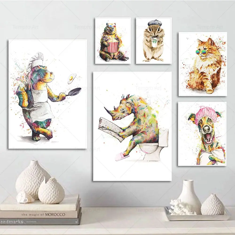 

Funny Watercolor Animal Poster Rhino in Toilet Squirrel Drinking Coffee Super Frog Wall Art Canvas Painting Pictures Home Decor