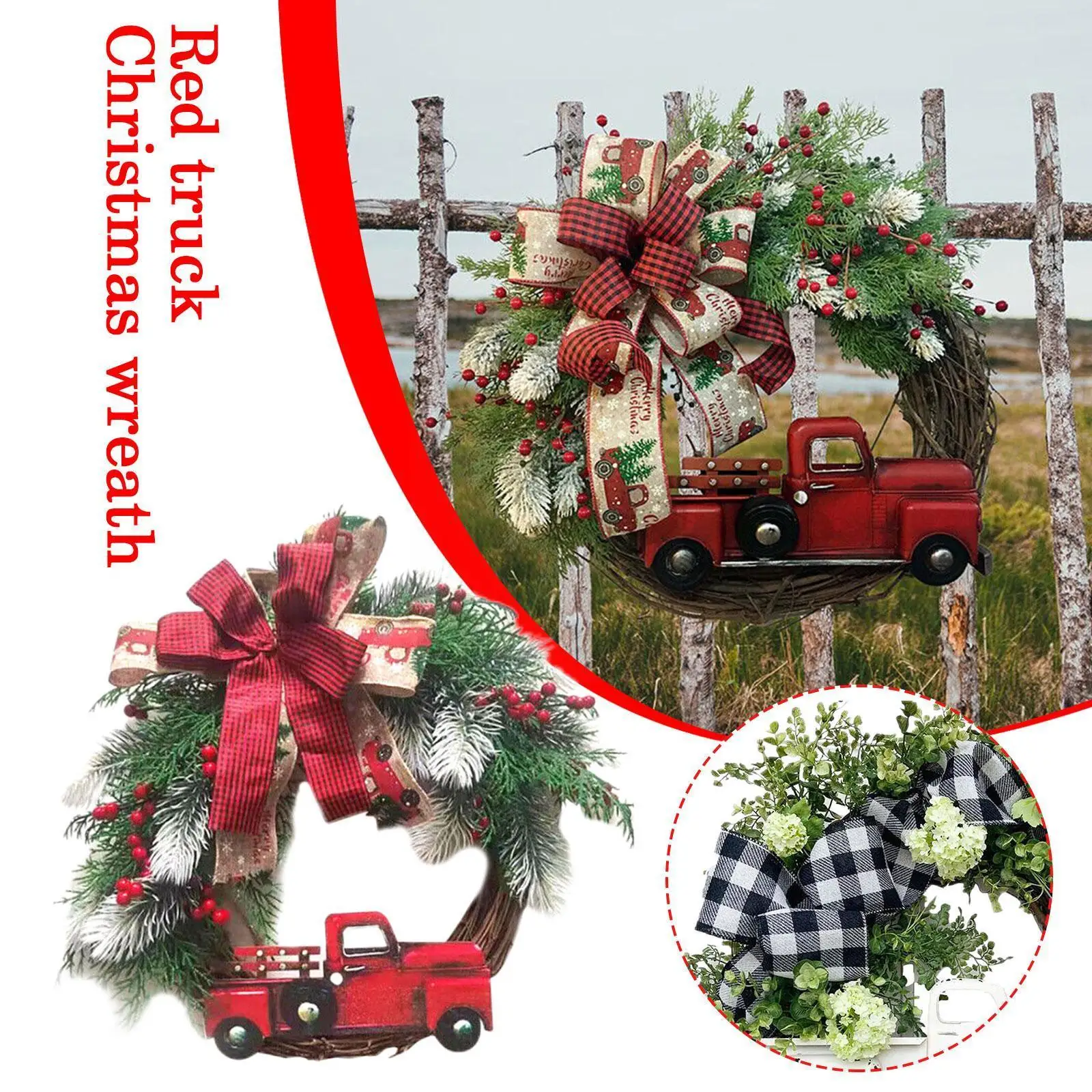 

Рождественский декоративный венок с красным грузовиком, автомобильные банты, гирлянды, рождественские праздничные украшения для дверей, п...