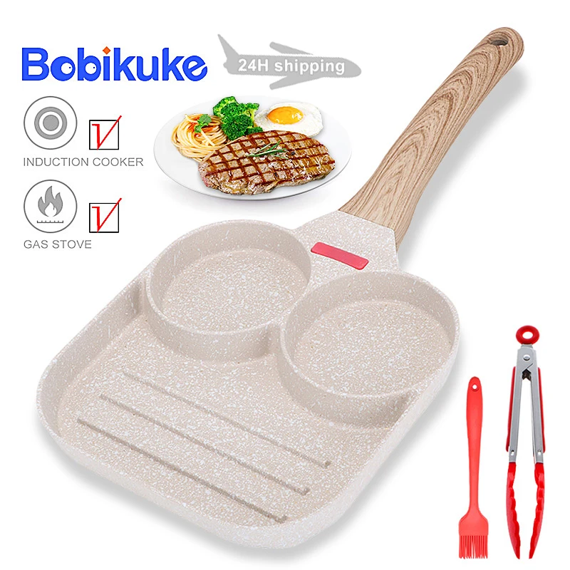 BOBIKUK 3-in-1 Frying Pan Steak Egg Pancake Pan Wooden Handle Pan For Kitchen Utensils 2 Holes Steak Pot Durable Non-Stick Pans