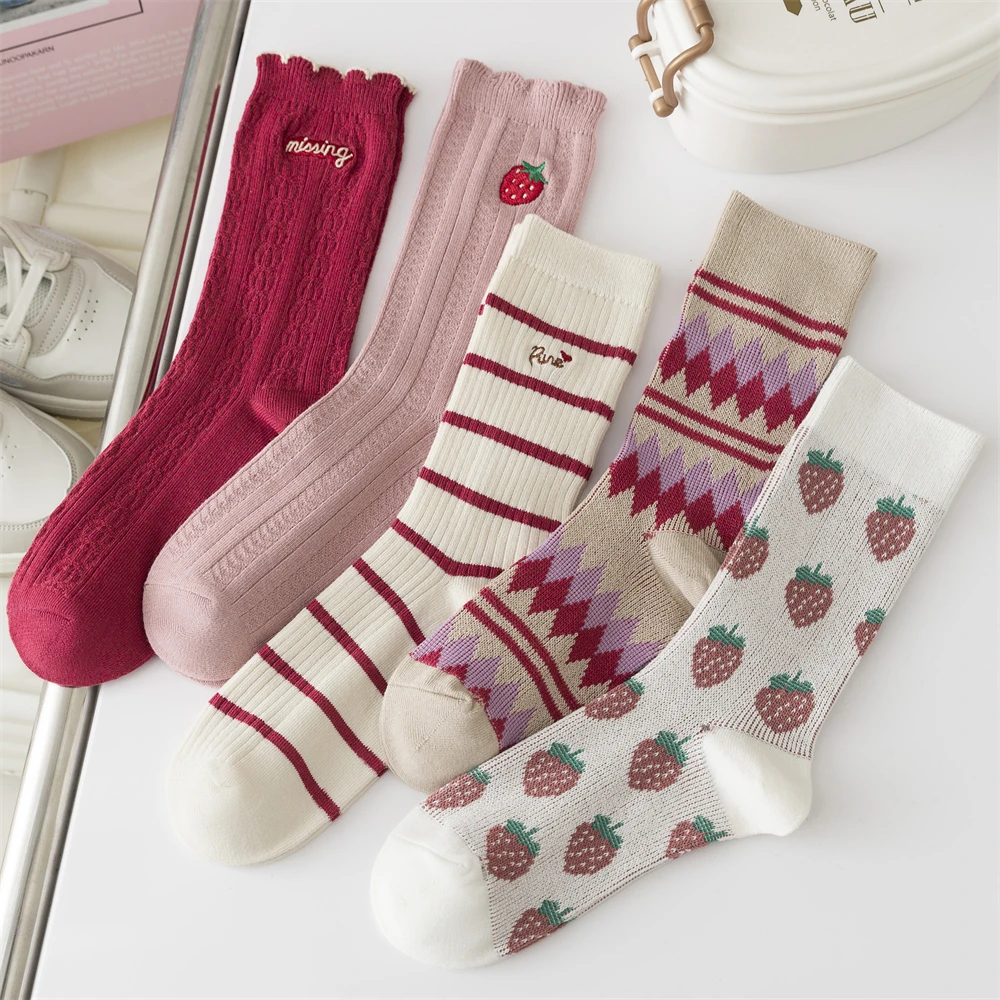 

Розовые фотообои милые вышитые женские японские Сладости однотонные забавные носки в полоску с оборками Харадзюку женские счастливые