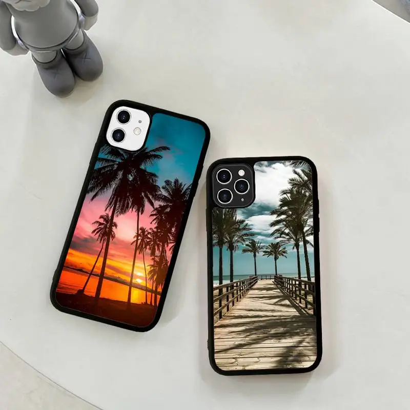 

YNDFCNB Beach Sunset With Palm Tree Phone Case Silicone PC+TPU Case for iPhone 11 12 13 Pro Max 8 7 6 Plus X SE XR Hard Fundas
