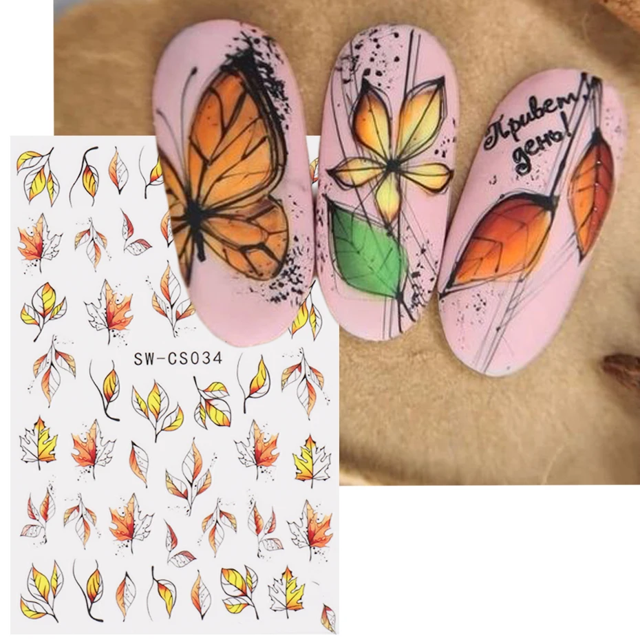 

Autumn Maple Leaf For Nail Sticker 3D Gold Yellow Fall Hollow Leaf Foil Design Adhesive Decal Slider Nail Decoration BESW-CS034