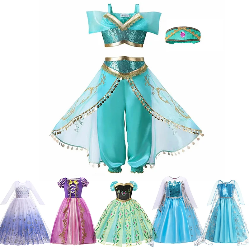 

Disney Girls Jasmine Princess Dress Children Elsa Anna Bella Rapunzel Mermaid Costume Kids Snow White Cinderella Aurora Dress