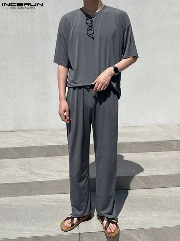 

Men Sets Solid Streetwear O-neck Short Sleeve T Shirt & Pants 2PCS Loose 2022 Korean Style Fashion Men Casual Suits INCERUN 5XL