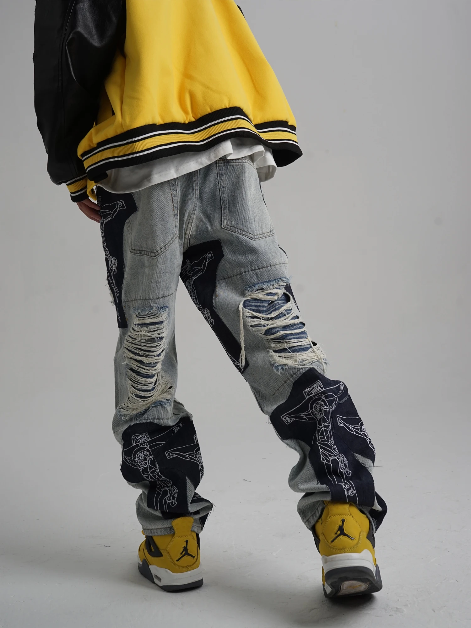 Jeans Men's Ripped Tassel Jeans Men's Jesus Cross Embroidery High Street Pants Tassel Shabby Retro Denim Trousers Loose Harajuku