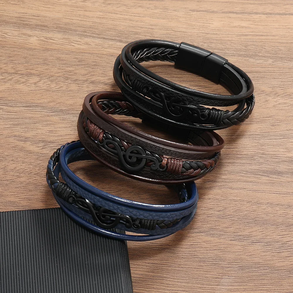 Фото Мужские браслеты Pulsera Hombre в стиле ретро, простые кожаные Многослойные браслеты с музыкальным символом и магнитной застежкой, ювелирные изделия №2