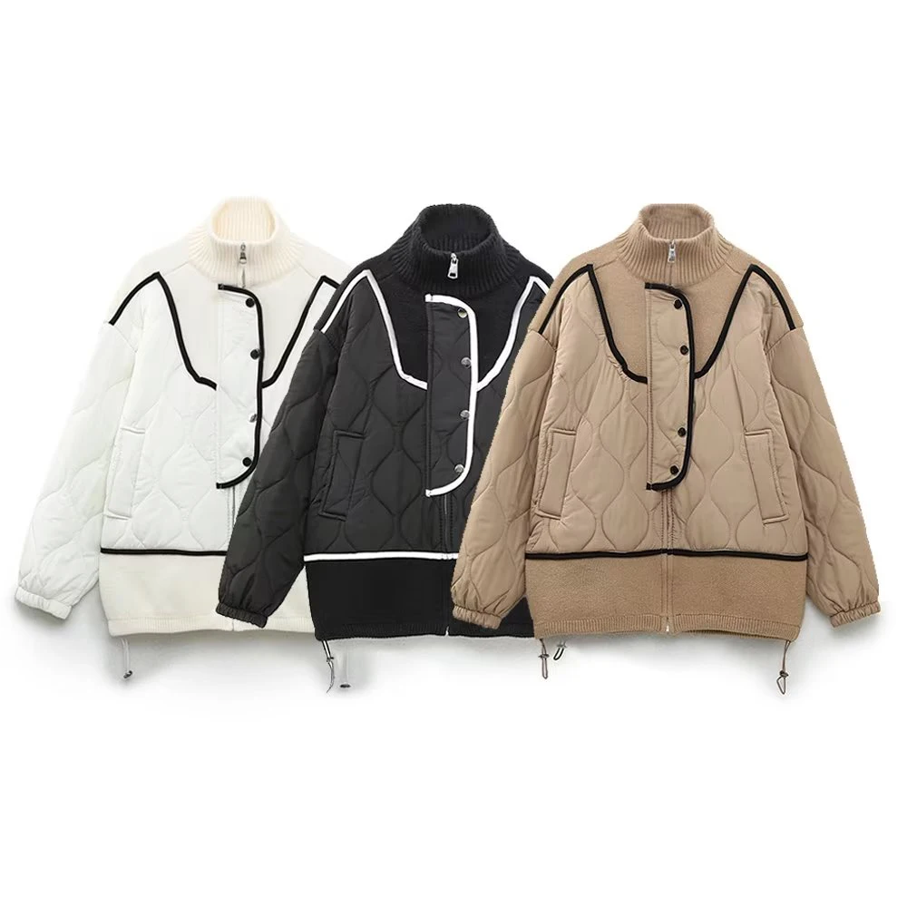 

PB&ZA Fashion Women's Cotton Padded Coat Knitted Spliced Parkas Winter Jacket Short Thin Warm Coats Zipper Outerwear 2022 Autumn