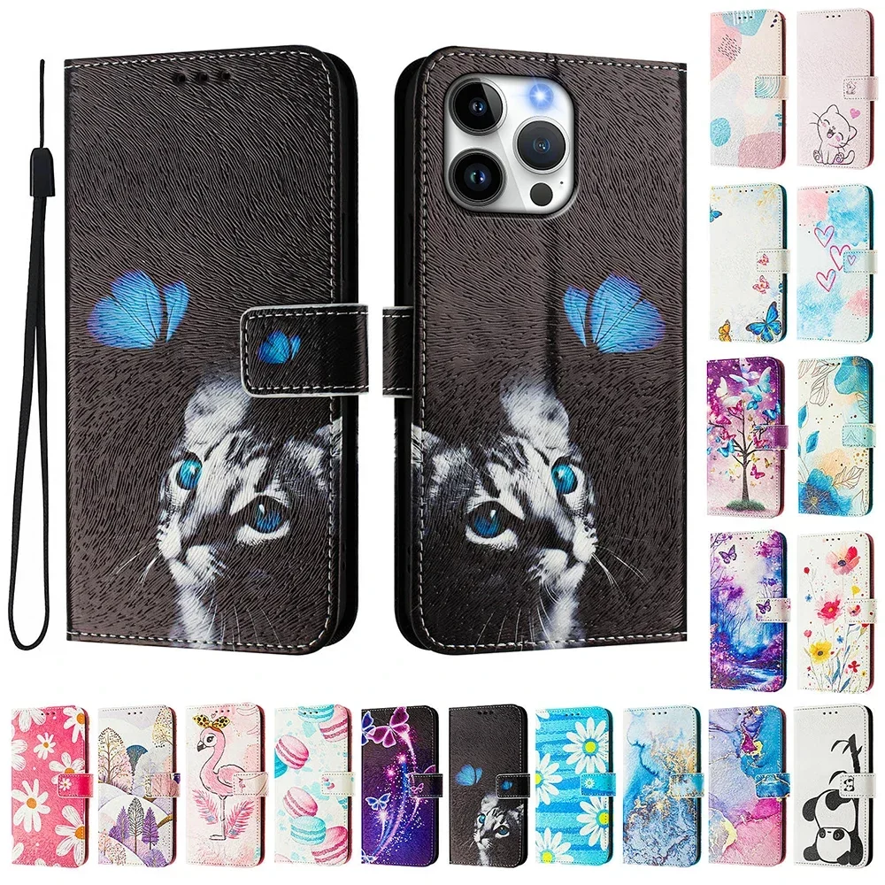 Coloured Drawing Wallet Case for iPhone SE4 SE3 SE 8 7 6 6S Plus 16 Pro Max Shockproof Stand Card Holder Strap Flip Phone Cover