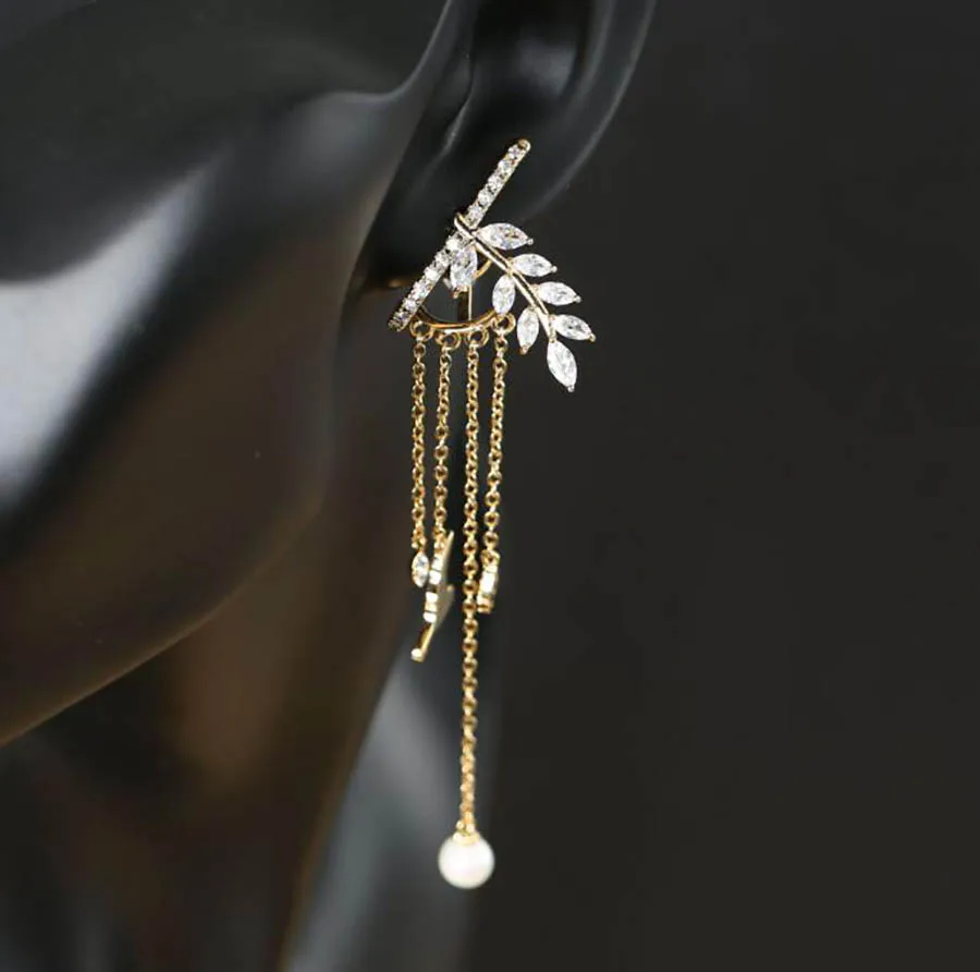 

2022 luxury long geometric tassel pearl zircon leaves detachable S25 silver needle earrings for women classic plant jewelry