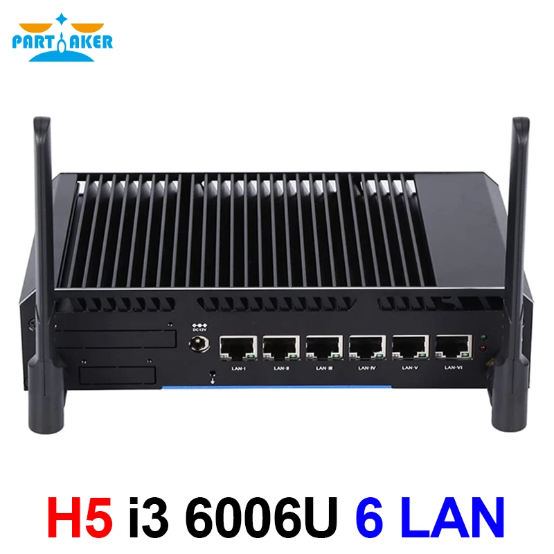 Partaker Fanless 6 LAN Mini PC Firewall Appliance Intel Core i3 6006U Gigabit Ethernet AES-NI pfSense VPN Router Openwrt