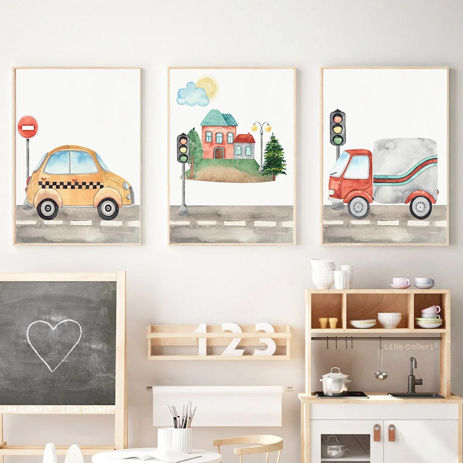 Автомобиль поезд грузовик Алфавит номера дома питомник стены искусства холст