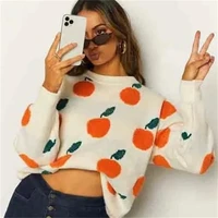 autumn and winter sweater orange jacquard pattern pullover long sleeved sweater womens turtleneck sweater knit sweater mujer