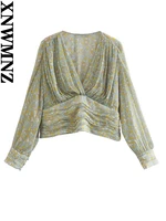 xnwmnz women fashion with metallic thread printed shirt lady v neck long sleeve retro elegant slim blouse female summer top