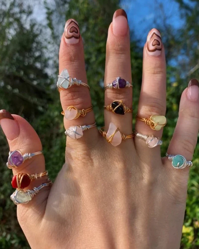 

Natural Crystal Ring for Women Wire Wrapped Gemstone Real Natural Stone Healing Rings Wedding Jewelry Open Adjustable Boho Ring
