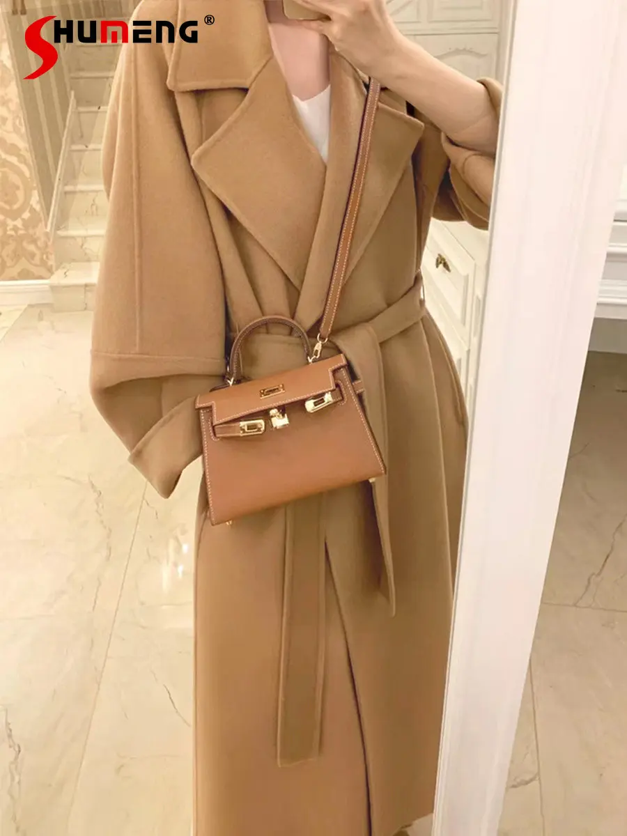 

High-End Reversible Cashmere Coat Women's Autumn and Winter 2022 New Long Coats Female Belt Waist Mid-Length Woolen Trench Coat