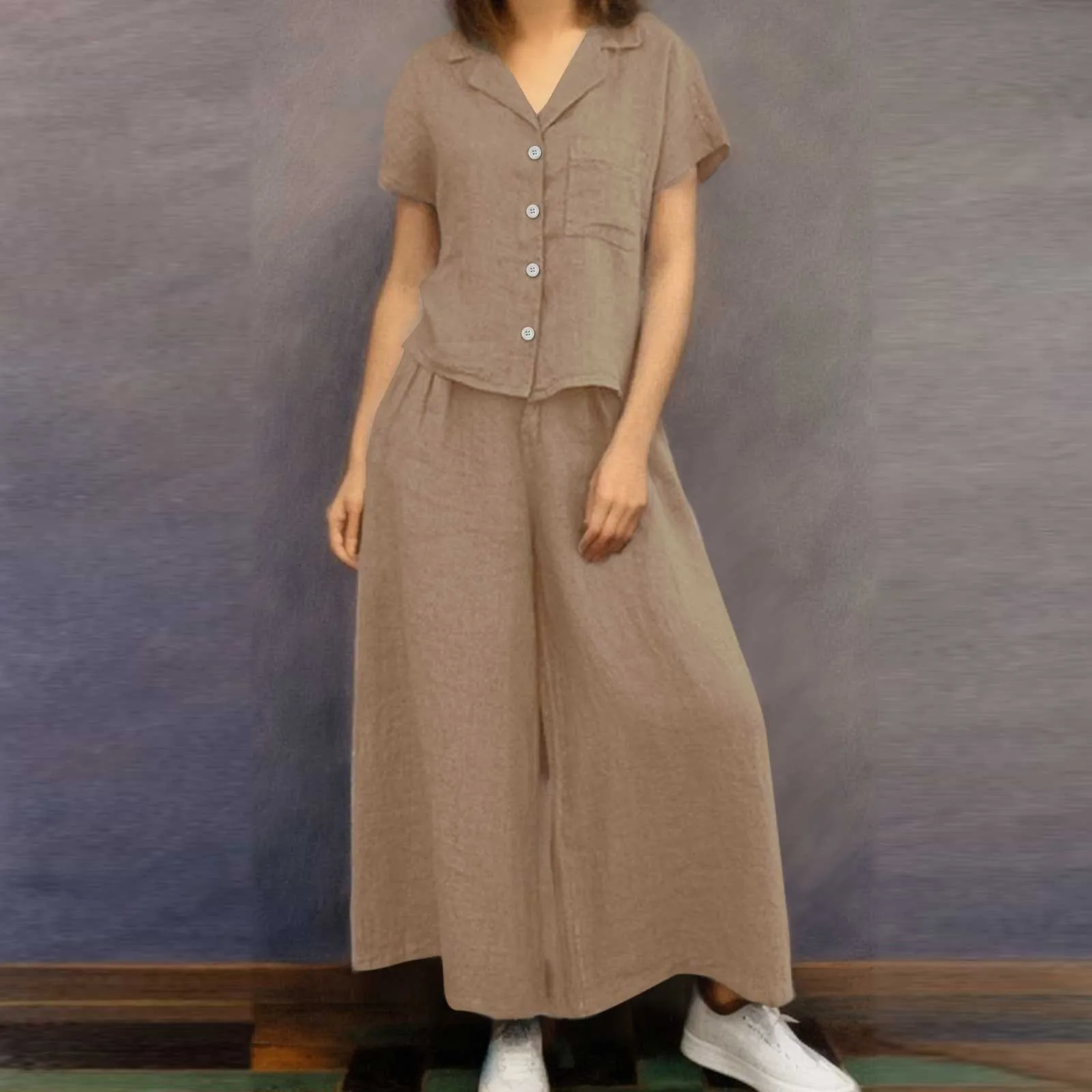 

Womens Simple Comfortable Two Piece Suit Casual Solid Color Lapel V Neck Short Sleeved Buttons Shirt Loose Wide Leg Pants Suit