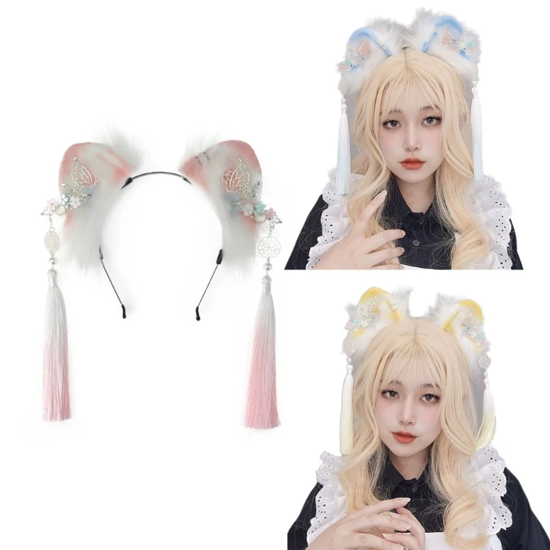 

Ethnic Students Woman Photoshoots Hairband with Fringe Decors Plushy Cat Ears Headbands Carnivals Cartoon Hair Hoop T8NB