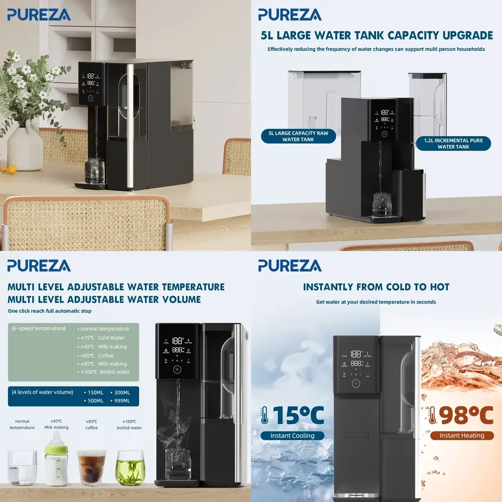 Фото Электрический диспенсер для воды PUREZA с функцией охлаждения и нагрева, портативный, экологичный, пластиковый, умный, настольный очиститель для дома, безопасный, 0.26 л/мин №1