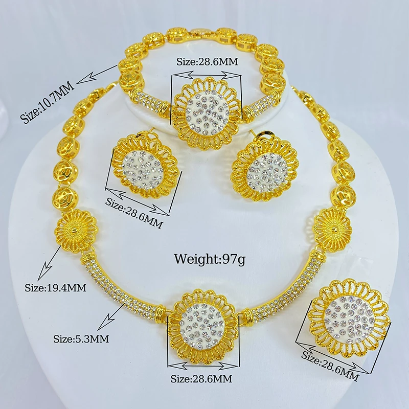 Dubai New Design Luxury Fashion Flower Shaped Gold Plated Rhinestone Jewelry Set For Women Wedding Party Daily Wear