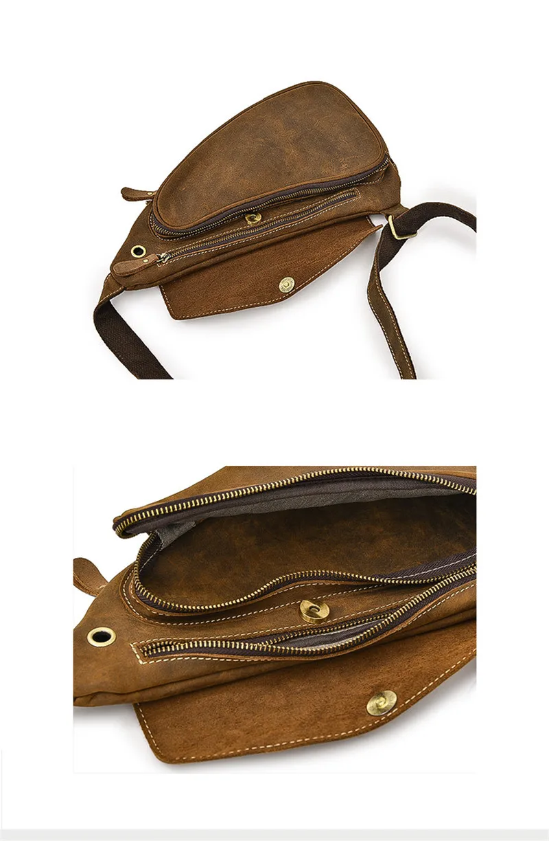 Casual vintage genuine leather men's small chest bag fashion design natural crazy horse cowhide daily sport USB crossbody bag