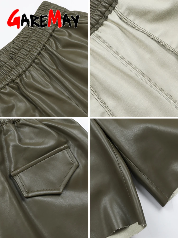 Корейские черные кожаные женские шорты до колена с карманами высокая талия