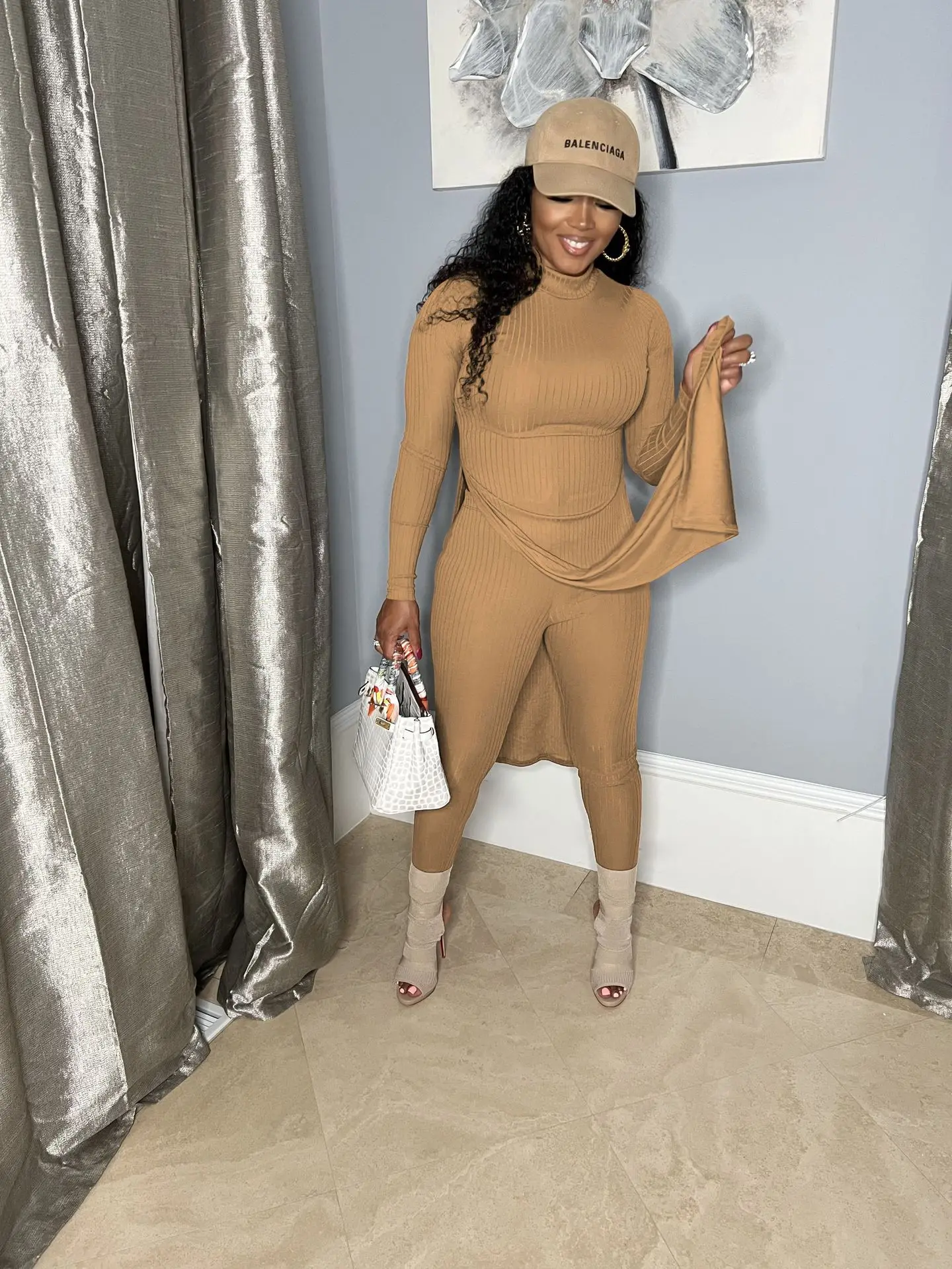 

Autumn Winter Solid Knit Rib 2 Piece Set Women Casual Turtleneck Long Sleeve High Slit Long Top + Pants Slim Tracksuit Women