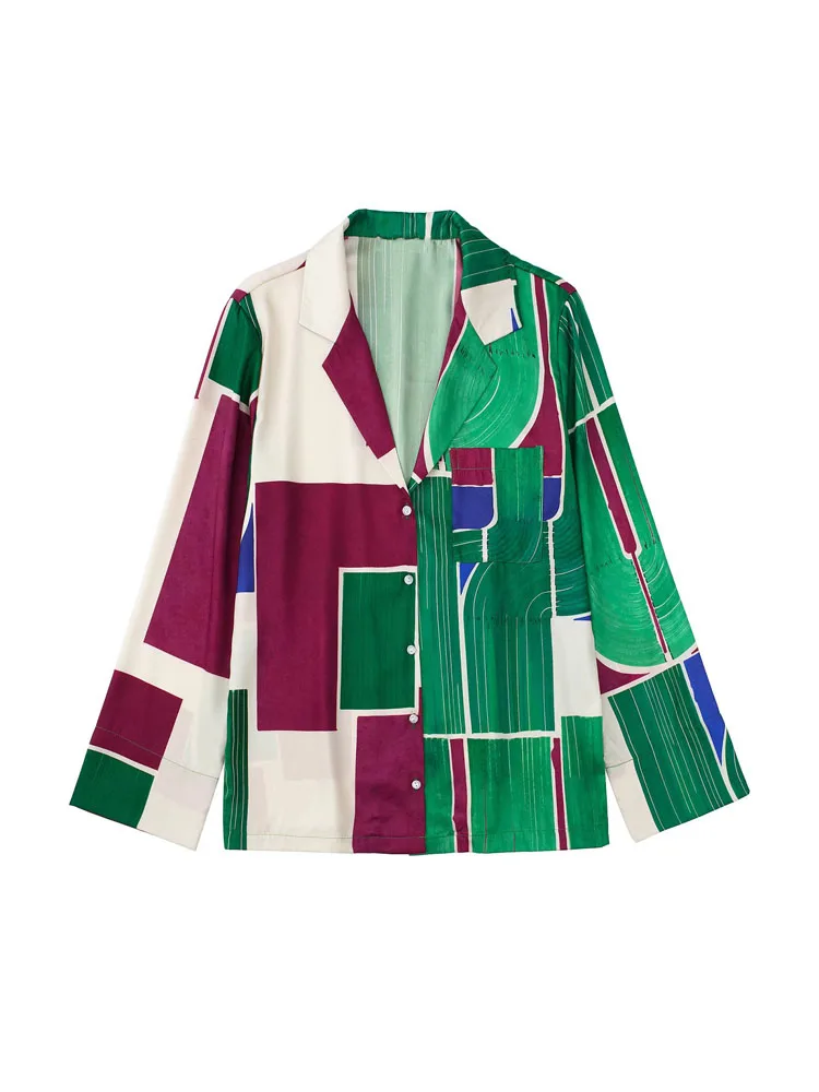 

2022 Summer Women Satin Shirts Blouses Tops Fashion Print Loose Notched Female Casual Street Top Clothing