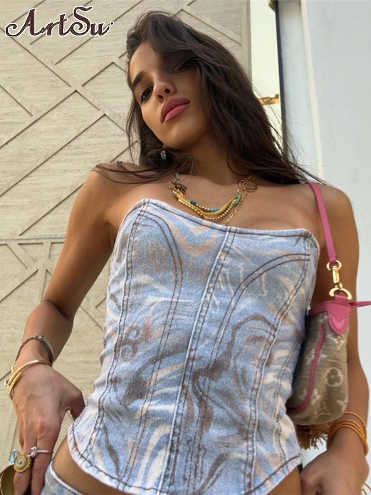 

Топ женский джинсовый без бретелек, модная уличная одежда, футболка без рукавов, эстетическая одежда с принтом, Y2k, на лето, 2023