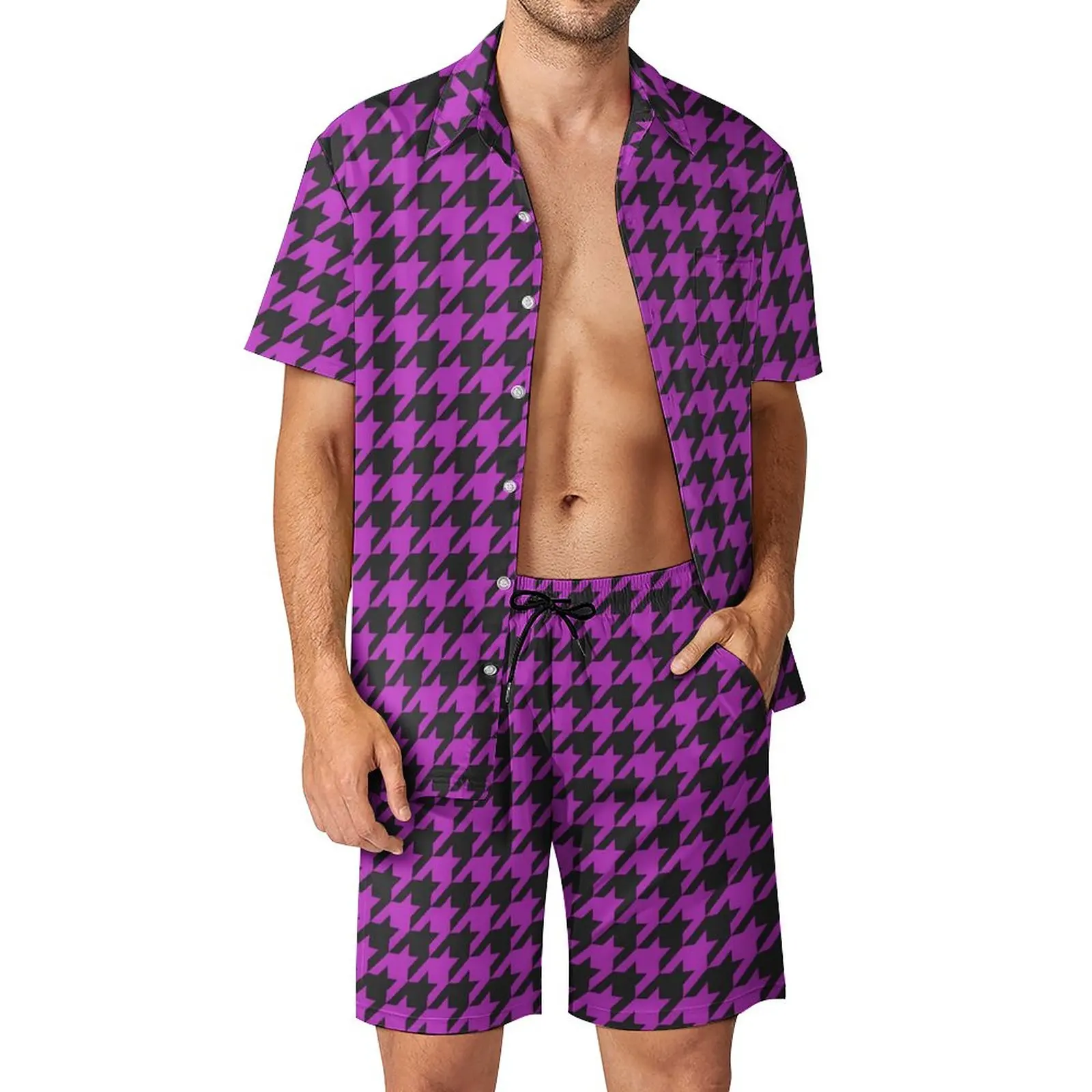 

Houndstooth Check Men Sets Purple And Black Cool Casual Shirt Set Short-Sleeve Custom Shorts Summer Beach Suit Plus Size 2XL 3XL