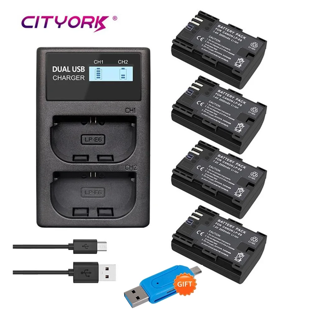 

CITYORK LP-E6 LPE6 LPE6 E6N Батарея + двойное зарядное устройство с ЖК-дисплеем для Canon EOS 5D 5DS Mark II 2 III 3 6D 7D 60D 60Da 70D 80D 90D DSLR камеры