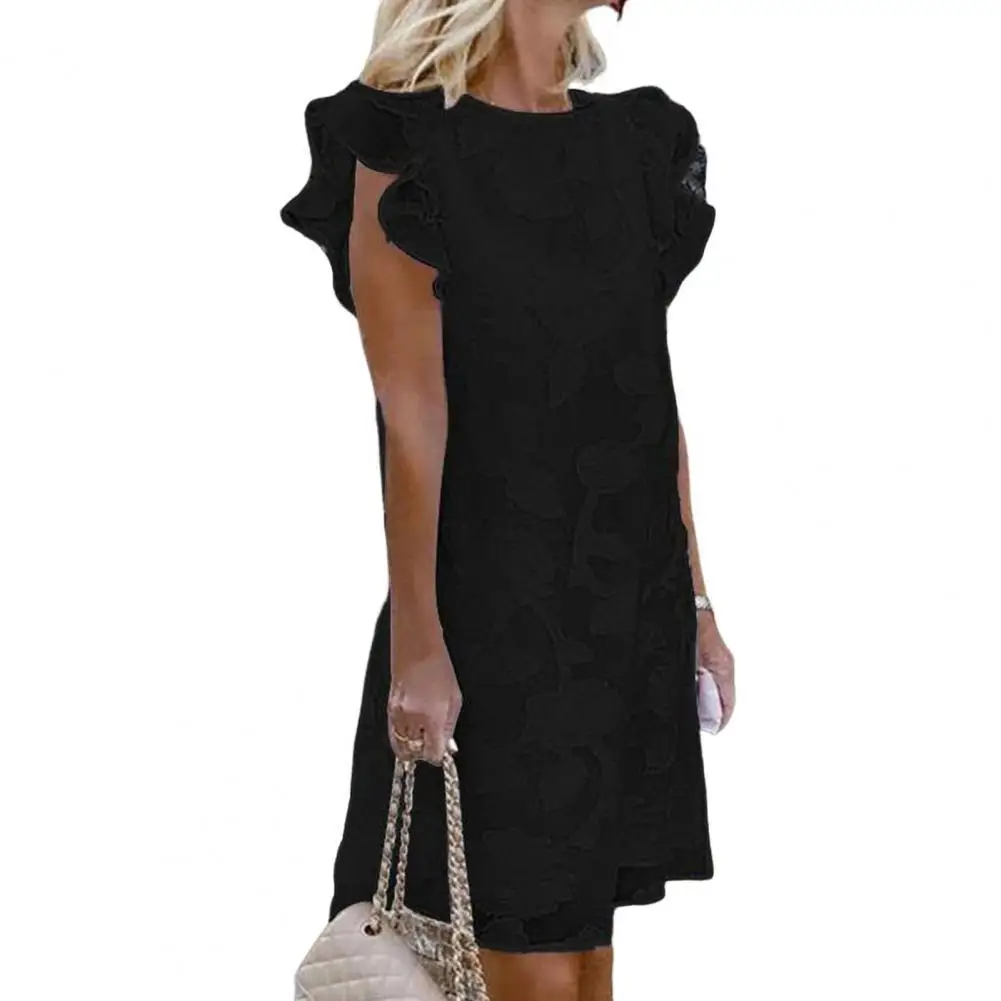 

Summer Dress Women 2022 Round Neck Hollow Knee-length Midi Dress Stacked Ruffle Short Sleeve Jacquard Dress Female Clothes