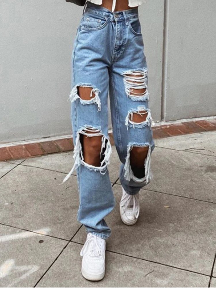 

High Waist Rise Distressed Ripped Frayed Destroyed Fabrics Straight Legs Loose Fit Zipper Button Closure Jeans Women's Clothing