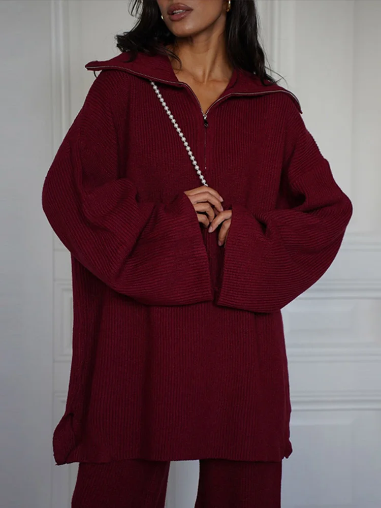 Fashion Women Knitted 2 Pieces Sets With Trousers Casual Lapel Long Sleeve Pullover Wide Leg Pants Autumn Ladies Suit
