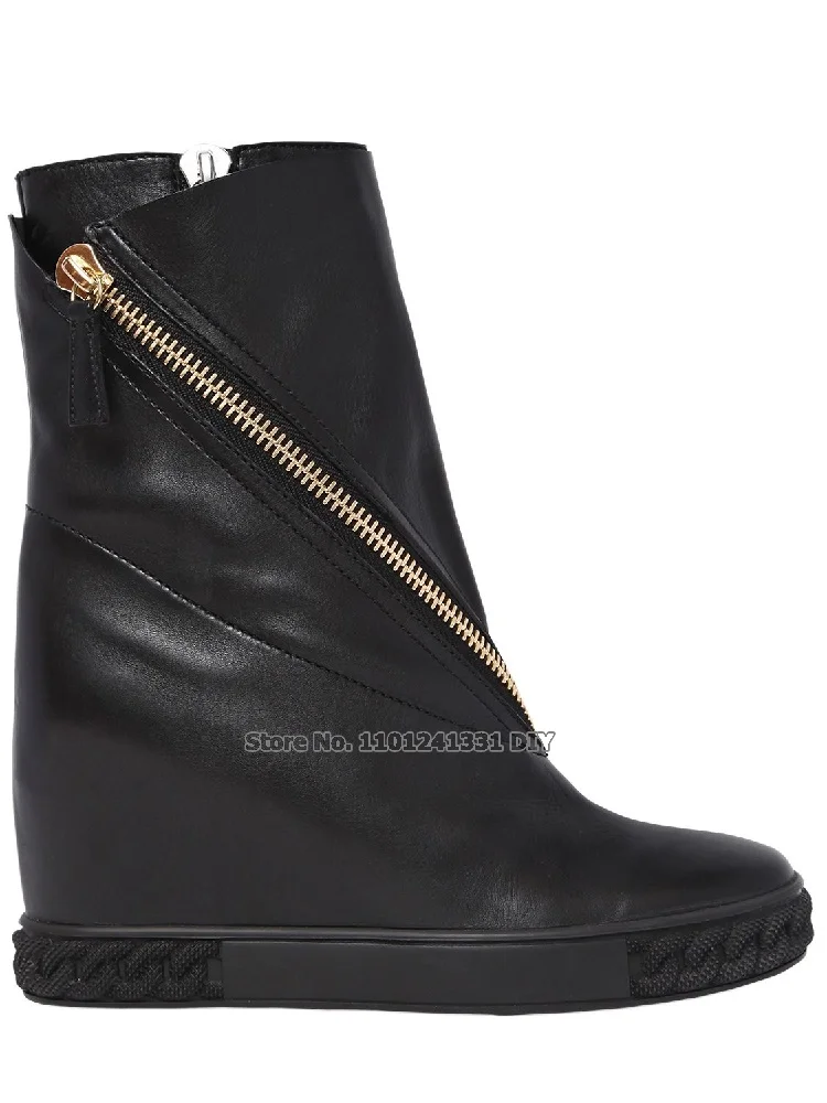 Height Increased Platform Wedge Heeled Short Boots Women Double Side Zippers Botas 8Cm High Heel Wedges