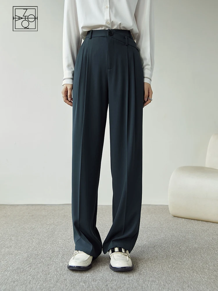 

ZIQIAO Pleated Design Full Regular Straight Panst Loose Waist Dark Grey Hight Waist Office Lady Solid All-match Trousers