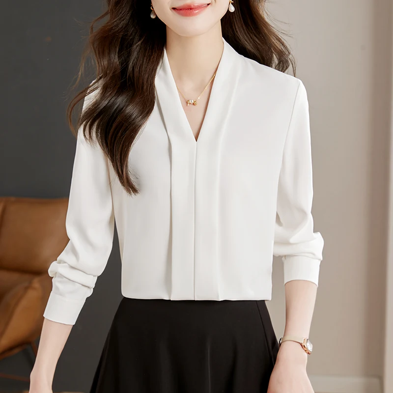 Модная женская блузка с длинным рукавом белая шифоновая v-образным вырезом