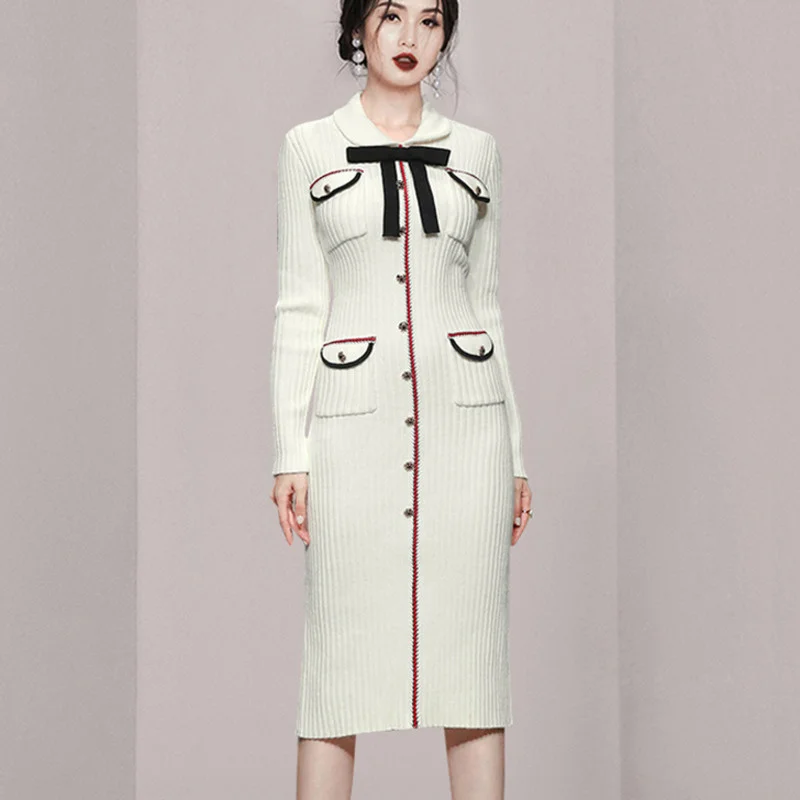 Женское винтажное платье-свитер трикотажное вязаное платье с длинным рукавом