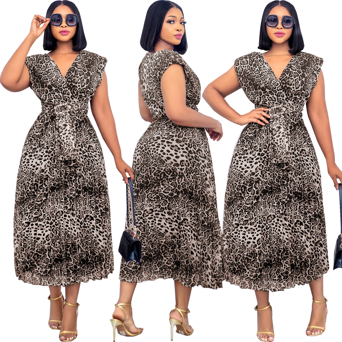 

Summer Leopard Dress Women 2022 Pleated Sleeveless V neck with Belt Party Wedding Evening Maxi Dresses Women Vestido