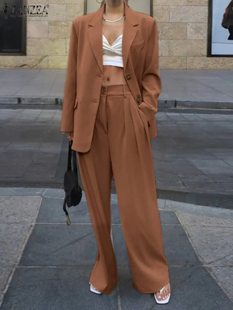 

ZANZEA Women Casual Suits Outifits Fashion Business Matching Sets 2PCS Full Sleeve Blazer Elegant Wide Leg Pant Sets Oversized