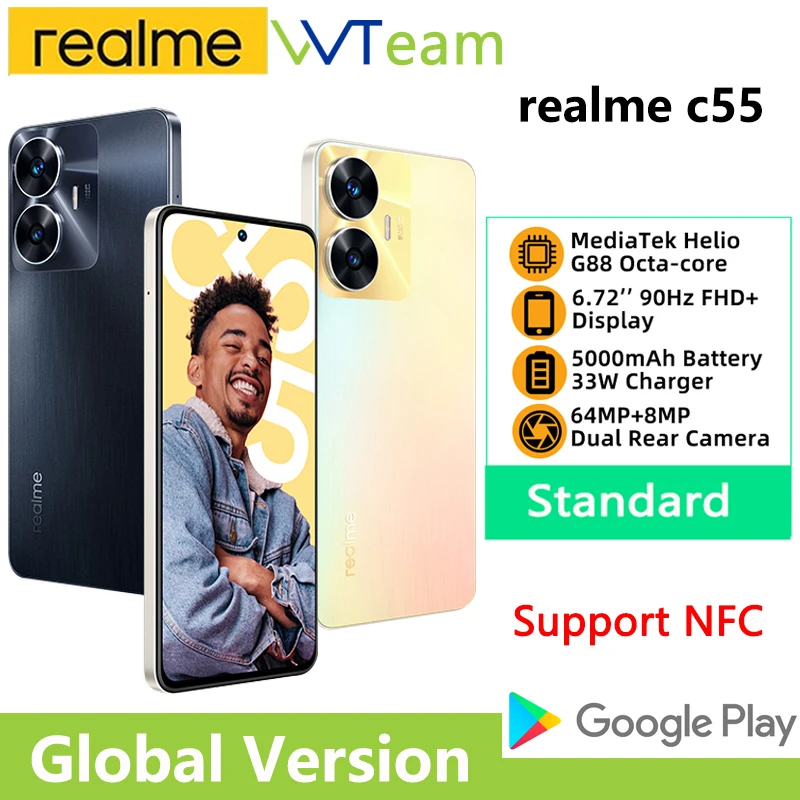 

Global Version realme C55 6.72" 90Hz FHD+ Screen Mobile Phone MediaTek Helio G88 64MP AI Camera Smartphone 5000mAh Battery 33W