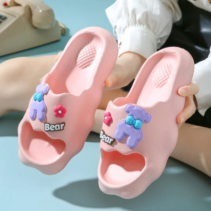 Women Cartoon Bear Flower Decor EVA Slippers Summer New Soft Comfy Light non-slip Home Bathroom Slides Beach Casual Couple Shoes