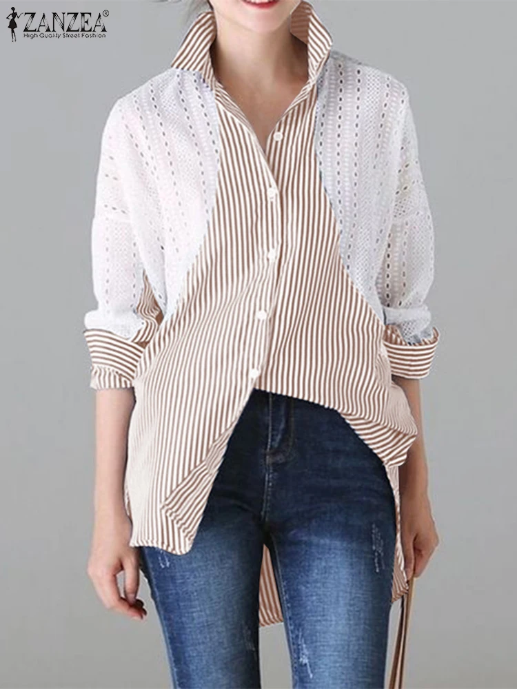 ZANZEA женские рубашки в полоску с принтом модные кружевные топы праздничные