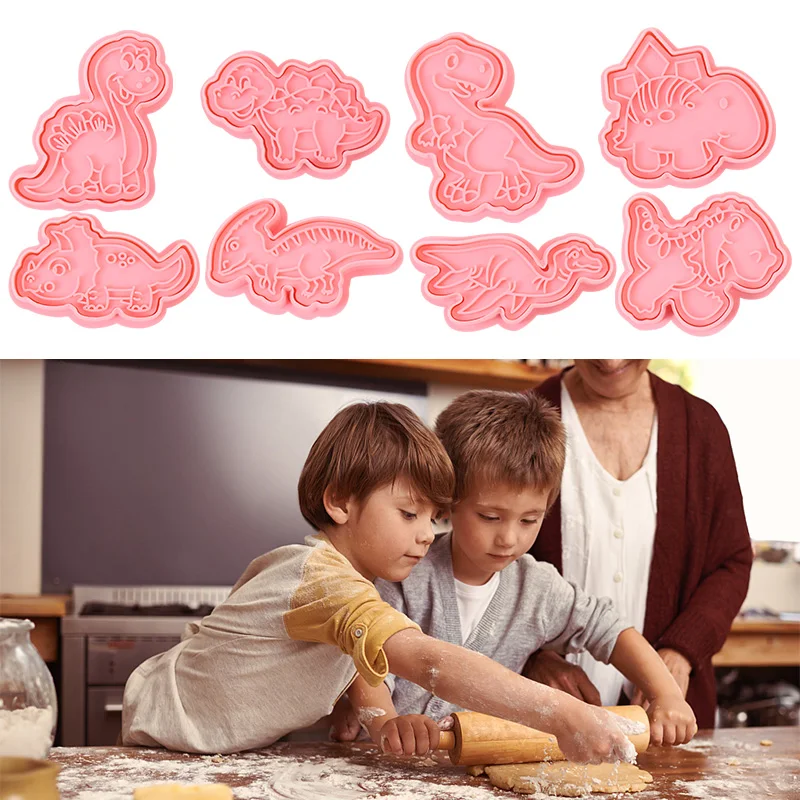 

8pcs Dinosaur Cookie Cutters Mold Plastic 3D Cartoon Pressable Biscuit Mold Cookie Stamp DIY Baking Kitchen Tool Pastry Bakeware