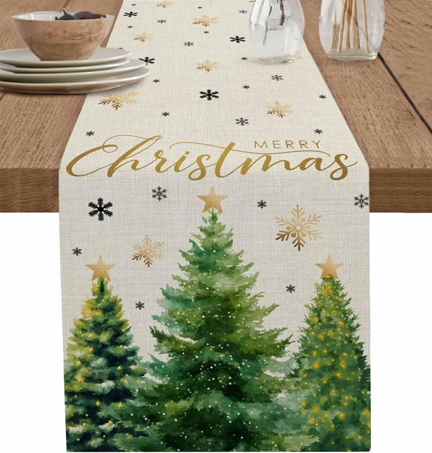 

Рождественские снежинки, рождественская елка, льняная дорожка для стола, декор для вечеринки, зимний праздник, кухня, обеденный стол, дорожка, рождественские украшения