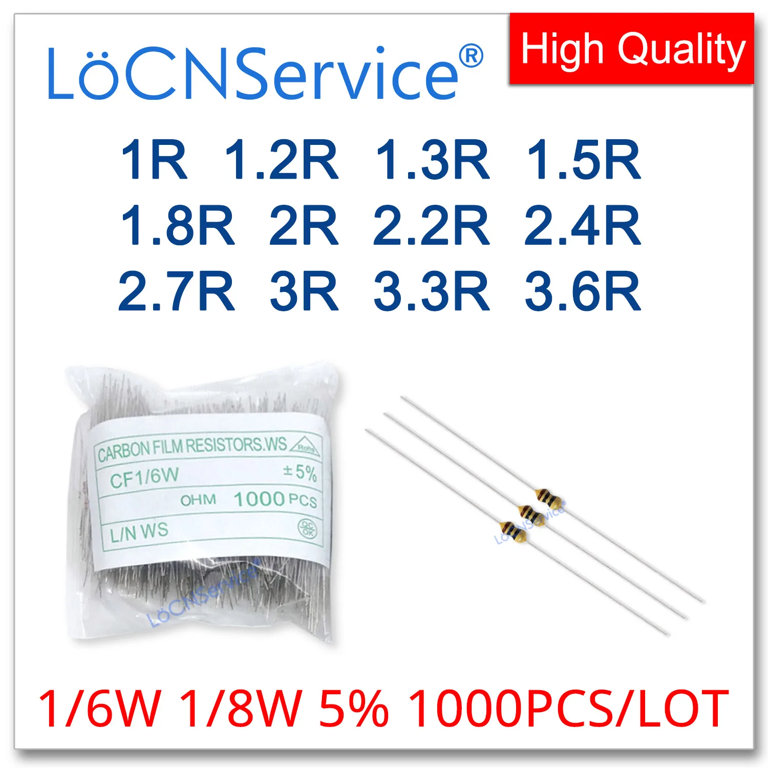 

LoCNService 1000PCS/LOT 5% 1/6W 1/8W 1R 1.2R 1.3R 1.5R 1.8R 2R 2.2R 2.4R 2.7R 3R 3.3R 3.6R Carbon Film Resistor DIP OHM