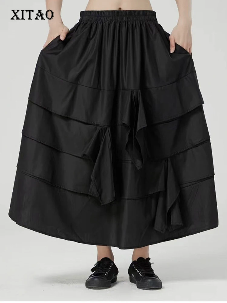

XITAO Solid Pleated Skirt Women Korea 2022 Summer New Arrival Personality Fashion Loose Elastic Waist All Match Skirt WLD7734